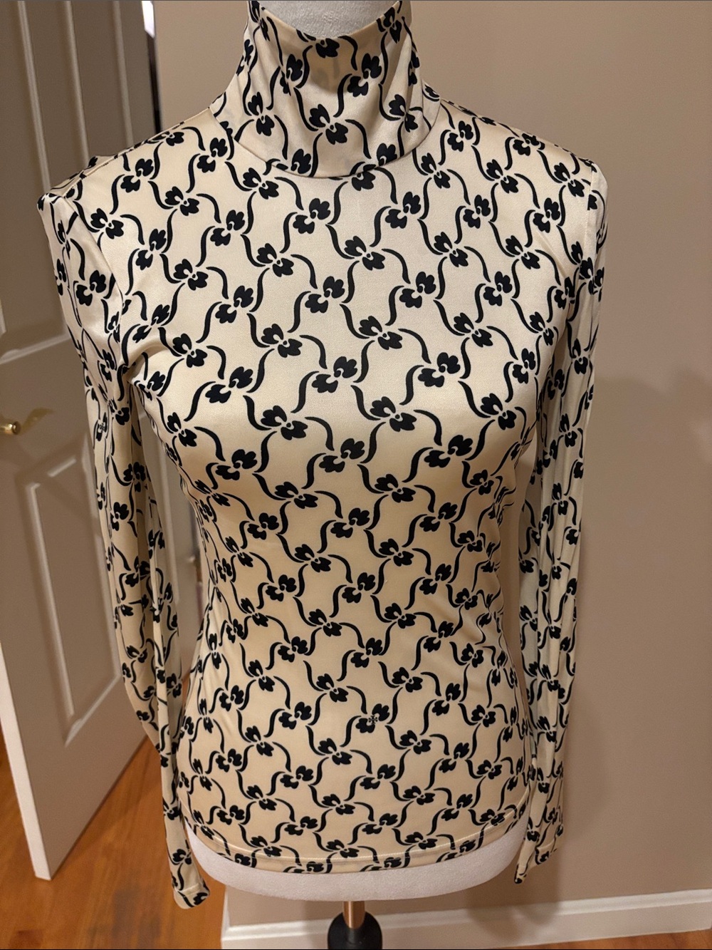 Tory Burch Cream Turtleneck with Black Floral-Link Print